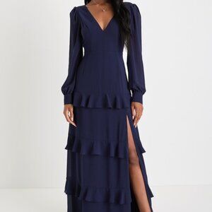 Lulus Gorgeous Expression Navy Blue Long Sleeve Tiered Maxi Dress